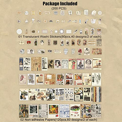 Esweny 200 Pieces Vintage Ephemera Scrapbooking Supplies Pack for Decoupage, Collage Craft, Notebooks, Album, Planners, Paper Scrapbook Stickers Kit (Retro) - style: Retro