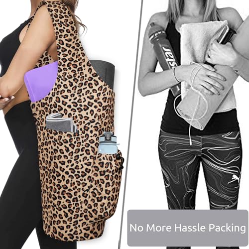 Yoga Mat Bag - Large Opening Long Tote Yoga Mat Carrier Holder Bag with Waterproof Wet Zipper Pocket and Drawstring Water Bottle Pocket - Yoga Bag Fit Most Size Mats - color: Leopard Print