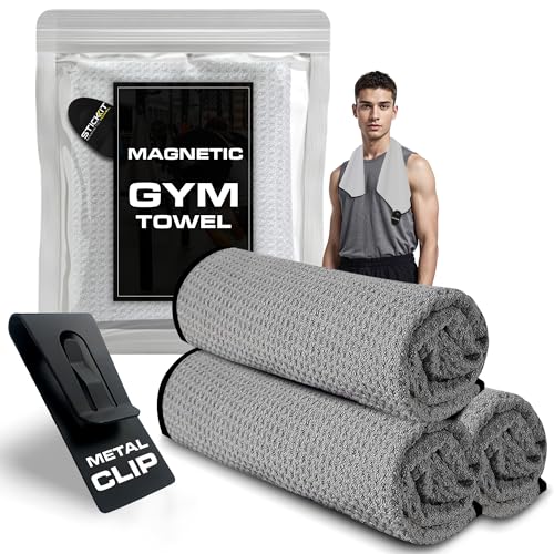 STICKIT Microfiber Gym Towel for Men & Women - 29” x 29” | Workout Towel with Magnet & Clip - Sweat Absorbing - Quick Dry - Odor-Resistant - Attach to Benches, Equipments & Bags - color: Grey