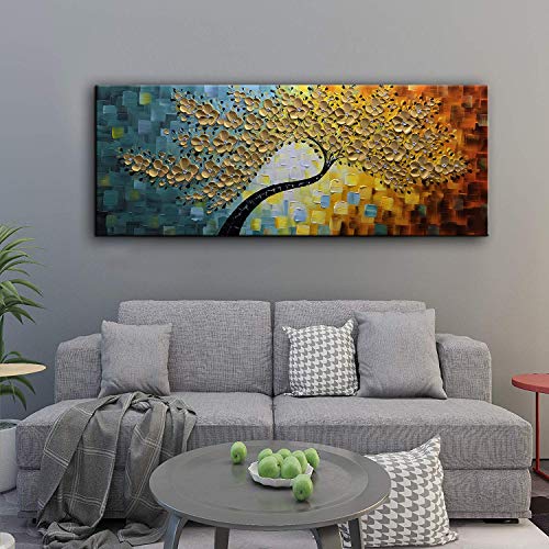 YaSheng Art -Large Wall Art ,100% Hand Painted Gold Flowers Contemporary Art Oil Painting,3D Wall Art Texture Floral Tree Paintings, Wall Art for living room Bedroom Office Wall Deco Home, Abstract Canvas Art Paintings Framed Wall Art Pictures 60 by24 inc