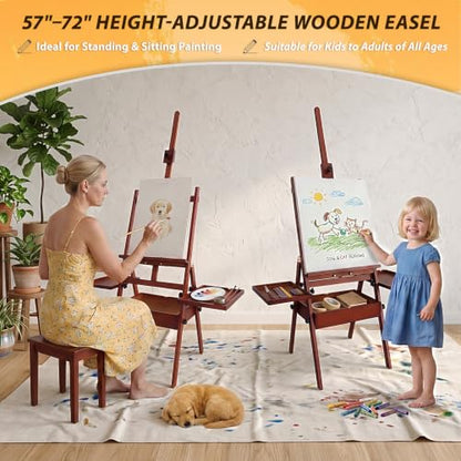 Painting Easel Stand with Storage, 57"-72" Height Adjustable Art Easel | Foldable beech wood easel with drawer trays,H-frame artist easel stand for painting,Wooden floor easel holds canvas up to 36" - color: Warm Walnut