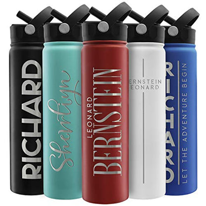 Amazing Items Personalized Water Bottle w/Straw & Lid, 24 oz - Fire Red | Custom Stainless Steel Sports Water Bottle w/Name and Text - Double-Wall, Vacuum Insulated - Rotating Handle - color: Fire Red, size: 24 Ounces