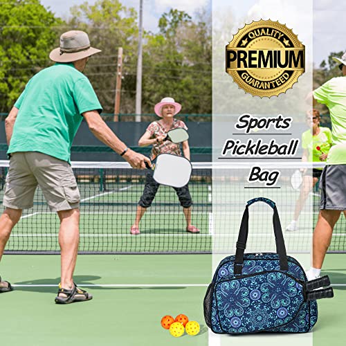 Boulder Bee Pickleball Tote Bag for Women with Paddle Holder | Fits 2 paddles. 2 side pockets for water bottle. Lightweight. Vintage floral patterns. Perfect gym & court bag. - color: Blue
