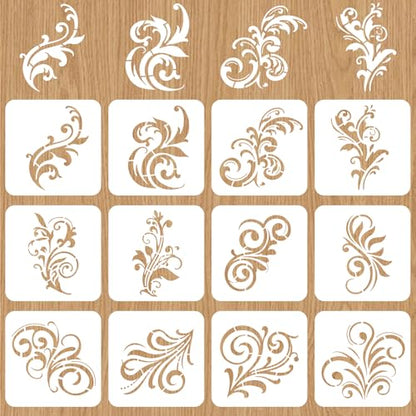 12 Pcs Flower Swirls Stencil 7.87x7.87 Inch Leaf Scroll Reusable Wall Stencil Boho Floral Templates Painting Stencils Set Flourish Swirls Stencils for Cement Wood Furniture DIY Home Decor
