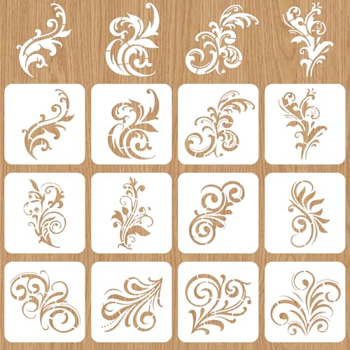 12 Pcs Flower Swirls Stencil 7.87x7.87 Inch Leaf Scroll Reusable Wall Stencil Boho Floral Templates Painting Stencils Set Flourish Swirls Stencils for Cement Wood Furniture DIY Home Decor