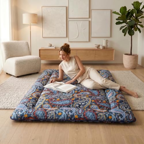 Zelladorra Japanese Floor Mattress, Futon Mattress | Roll Up Tatami Mat with Portable Storage Bag and Washable Cover, Suitable for Camping, Guest Room, Navy Paisley - color: Navy Paisley( 4"th + Dust Cover ）, size: Full (80"L x 54"W)