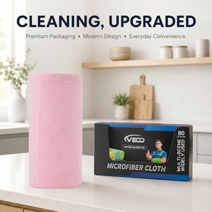 Veco Microfiber Cleaning Cloth Roll 80 PCS, 12" x 12" | Lint-Free, Streak-Free, Tear Away Reusable Microfiber Towels, Cleaning Rags for Kitchen, Car & Home, Pink - color: Pink