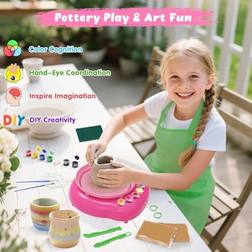 Pottery Wheel for Kids with Air Dry Clay Kit, 12 Paints & Tools, Ages 6-12 | No kiln needed: shape on the electric wheel, air-dry & paint. Gentle beginner speed; kit adds 3 clay packs, tools & apron - color: rose