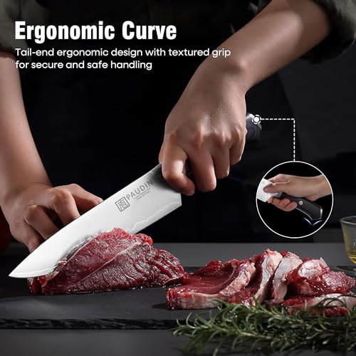 PAUDIN Chef Knife 8 Inch, Ultra Sharp Kitchen Knife 62 HRC, 9-Layer High Carbon Steel Professional Chefs Knife with Full Tang Ergonomic Wood Handle, Meat Vegetable Slicing Knife,Gift for Men Women - color: 8 Inch Chef Knife