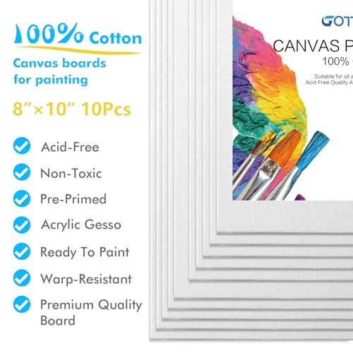 GOTIDEAL Canvas Boards, 8x10 inch Set of 10, Art Supplies Canvas Panel | 100% Cotton Gesso Primed White Blank Canvases for Painting, Acrylic Paint, Pouring, Oil Paint, Watercolor, Gouache - size: 8"x10"