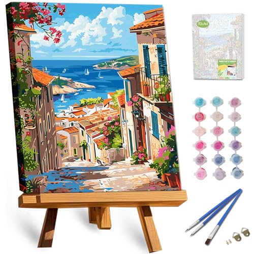TOCARE Framed Paint by Numbers Kit for Adults, 12x16Inch Mediterranean Paint by Numbers with Frame, Greece Adult Paint by Number Framed Canvas Nature Scenery(Without Easel) - color: TC-F-208