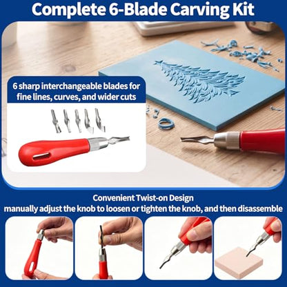 21Pcs Linocut Kit for Printmaking, 14Pcs Rubber Block Stamp Carving Blocks and Linoleum Carving Tools for DIY Crafts & Art Projects
