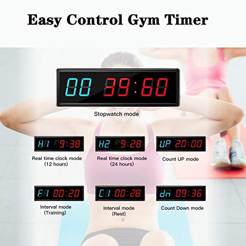 Gym Timer Clock Digital Interval Tabata Workouts Fitness Wall Small with Remote Home Garage Office Jujitsu School Referee Studio Church Service (Two Blue+Four Red 1.5") - color: Two Blue+four Red 1.5"