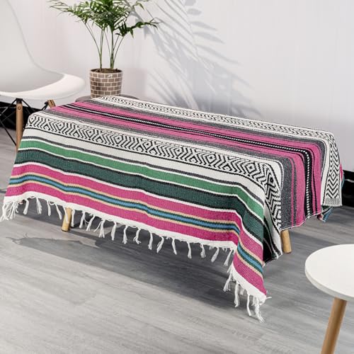 Mexican Blanket Throw with Tassels, 69 x 51 Inches Large Woven Serape Blanket, Boho Striped Picnic Yoga Beach Blanket, Soft Durable Tribal Falsa Blanket for Couch Outdoor Travel - Rose-Blue - color: Rose-blue