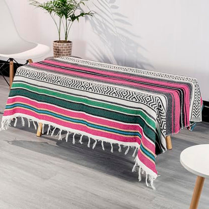 Mexican Blanket Throw with Tassels, 69 x 51 Inches Large Woven Serape Blanket, Boho Striped Picnic Yoga Beach Blanket, Soft Durable Tribal Falsa Blanket for Couch Outdoor Travel - Rose-Blue - color: Rose-blue
