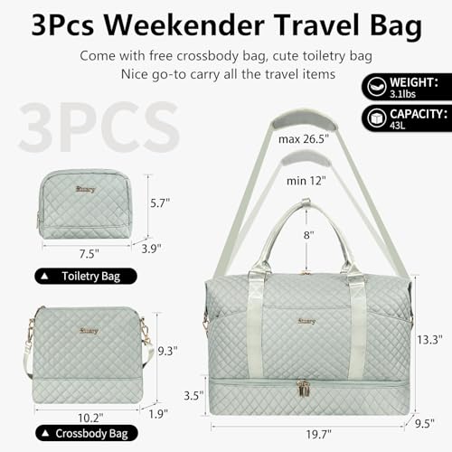 Weekender Bag, Large Travel Duffel Bag for Women, Carry on Overnight Bag with Shoe Compartment and Toiletry Bags - color: J-3PCS Blue