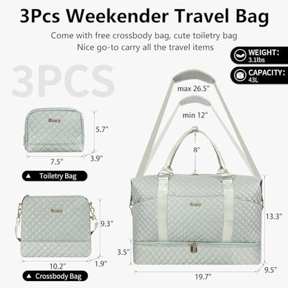 Weekender Bag, Large Travel Duffel Bag for Women, Carry on Overnight Bag with Shoe Compartment and Toiletry Bags - color: J-3PCS Blue