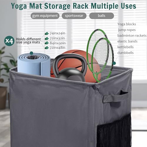 Yoga Mat Storage Racks, Home Gym Storage Rack with Wheels, Yoga Mat Holder Side 2 Mesh Pockets, Yoga Storage Basket Holds 4 Yoga Mats, 2 Foam Rollers, 6 Resistance Bands - color: Dark Gray