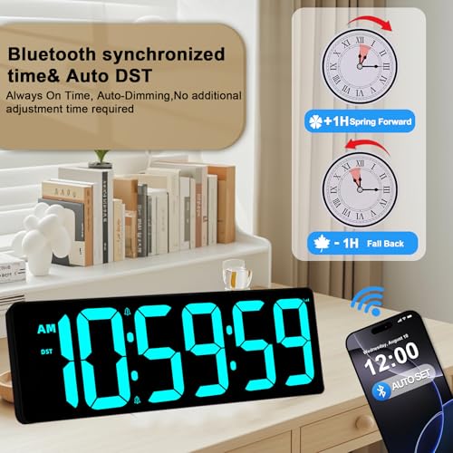 TXL 17.2" Bluetooth Digital Wall Clock with Seconds, Large Countdown Timer for Classroom Home Gym Kitchen Office, Alarm Clock with Remote Control, 4 Dimmable Brightness, Auto DST (Ice Blue) - color: Ice Blue