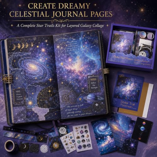 Diuhofart Star Trails Scrapbooking Kit, 128 Pcs Journal Set | Includes A6 notebook, galaxy papers, PET stickers, washi tape and ephemera for celestial journals, cards and memory books. - color: Star Trails Postman