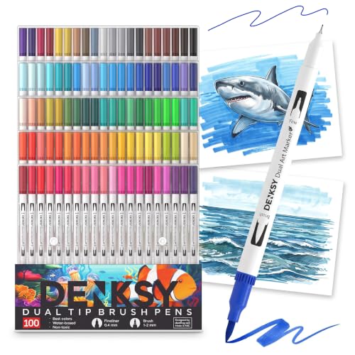 100 Watercolor Markers Set | Water Color Pens with Brush & Fineliner, Water-Based Art Markers | Dual Tip Markers for Adult Coloring, Lettering, Calligraphy, Sketching, Journaling & Illustration - color: White