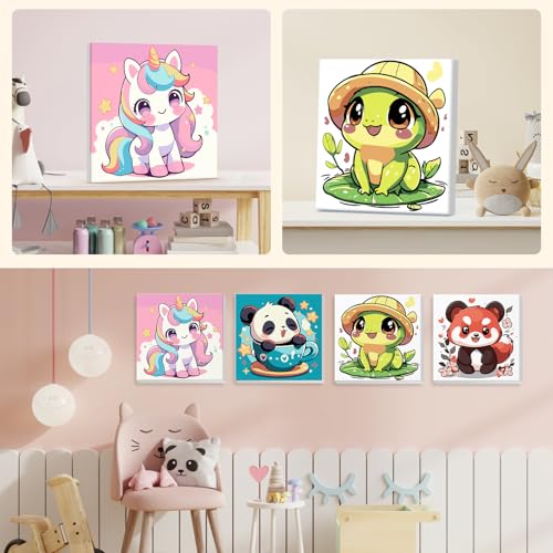 4 Pack Paint by Numbers for Kids with Wooden Framed, Cute Cartoon Unicorn, Panda, Frog, Paint by Number Kits on Canvas for Beginner, Acrylic Oil Painting Kits for Home Decor 8x8 inch, Kawaii Animals - color: green-animal