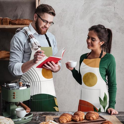 Apron with Pockets, 32x28 inch, 2 Pack, Orange Green | Boho Sun Mid Century Adjustable Bib with Pockets for Women Men Couple Lovers Chef Home Baking Gardening - color: Orange Green