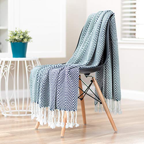 Chanasya Premium Chevron Super Soft Acrylic Throw Blanket with Tassels Cozy Lightweight Fluffy Woven Blanket for Bed Sofa Chair Couch Living Bed Room Navy and White Blanket (50x65 Inches) Dark Blue - color: Dark Blue