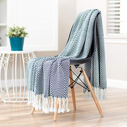 Chanasya Premium Chevron Super Soft Acrylic Throw Blanket with Tassels Cozy Lightweight Fluffy Woven Blanket for Bed Sofa Chair Couch Living Bed Room Navy and White Blanket (50x65 Inches) Dark Blue - color: Dark Blue