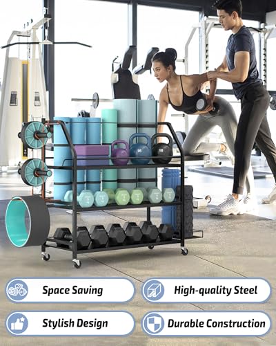 Weight Rack for Dumbbells - Home Gym Storage Rack - Dumbbell and Weight Organizer with 4 Flexible Wheels and Unique Storage on Both Sides