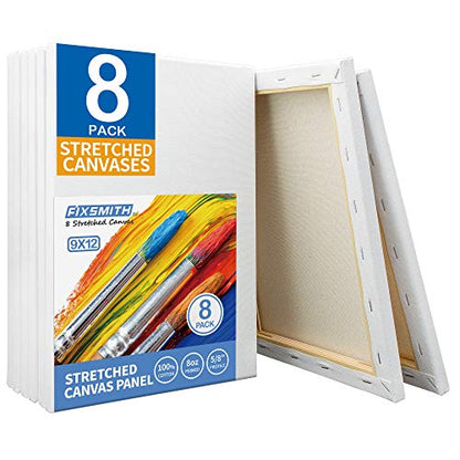 Stretched White Blank Canvas - 9x12 Inch, Bulk Pack of 8, Primed,100% Cotton, 5/8 Inch Profile of Super Value Pack for Acrylics,Oils & Other Painting Media. - size: 9"x12"