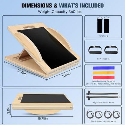Versatile Wooden Slant Board, Convertible to Balance & Pilates Board, Adjustable Angles, Includes Full Pilates Kit, Supports Up to 360lbs, Calf Stretch, Squats, Knee, Ankle, Heel & Leg Training