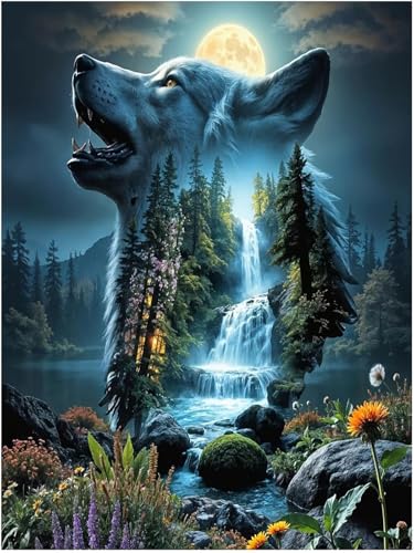 Morudeor Wolf Diamond Painting Kits for Adults, Fantasy Moon Wolf DIY 5D Full Drill Diamond Art Kit, Waterfall Forest Animal Diamond Dot Gem Art Kits for Home Decor 12 X 16 Inch - color: WCM059