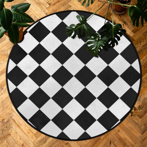 Black White Checkered Round Area Rug 3Ft Grid Circle Carpet Floor Mat - color: Grid, size: 3 ft