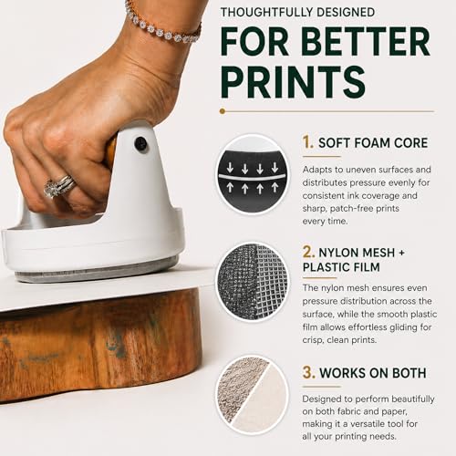 Leoball® Block/Gel Printing Baren– with 3 Layer Tech: Soft Foam Layer Covered in Smooth Nitex Nylon Along with Smooth-Glide Plastic Film. Features Comfortable Wooden Handle. Pro Baren - 4 inches