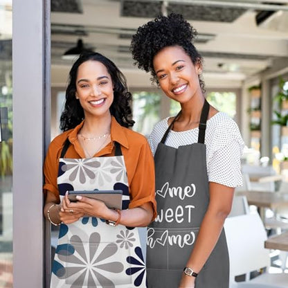 Apron with Pockets, 32x28 inch, 2 Pack, Grey Daisy | Geometric Flowers Adjustable Bib with Pockets for Women Men Couple Lovers Chef Home Baking Gardening - color: Flowers Daisy