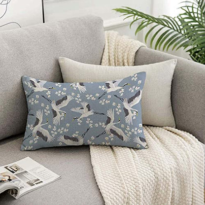 TKS MITLAN Crane Throw Pillow Case Cushion Cover Flying Bird Flower Blue White Linen Couch Bed Sofa Car Waist Cushion Cover 12 x 20 inch - color: Crane, size: 20" x 12" (Pack of 1)