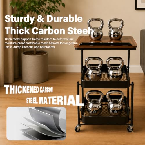 Dracey 3 Tiers Utility Rolling Cart with Lockable Caster Wheels, Metal Tiltable Wood Top Desk, Multifunctional Rolling Storage Cart for Bathroom, for Office Dorm Kitchen Living Room Classroom