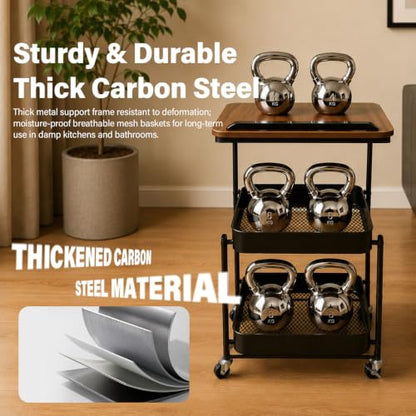 Dracey 3 Tiers Utility Rolling Cart with Lockable Caster Wheels, Metal Tiltable Wood Top Desk, Multifunctional Rolling Storage Cart for Bathroom, for Office Dorm Kitchen Living Room Classroom