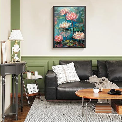 Ausanrl Flowers Framed Paint by Numbers Wooden Easel-Adult Paint by Number Kits on Canvas Framed,Lotus Paint by Numbers with Frame,Gifts and Home Wall Decor 12x16inch - color: Lotus