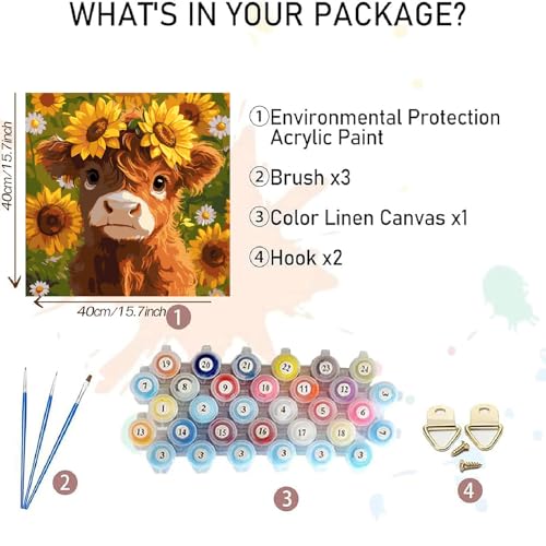 AALBLAC Cow Paint by Numbers Kit for Adults Beginners, Highland Cow Flower Paint by Number for Adults, Easy Animal Acrylic Painting by Numbers for Home Wall Decoration (16x16 inch) - color: Cow Sunflowers-40X40
