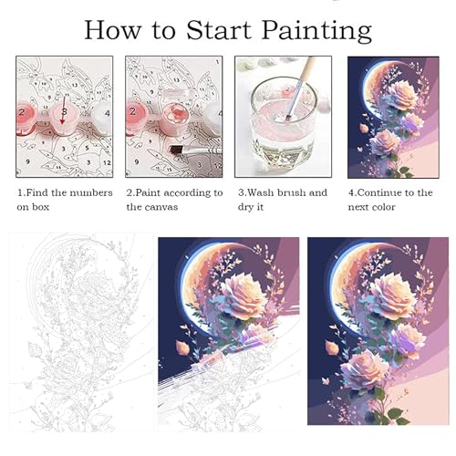 ZRIZQ Paint by Numbers Kit for Adults Beginner,Flowers Moon,16x20 | Full set with wooden brushes,rolled canvas,rich paints.Calming activity.Beginner friendly.Just open and paint. - color: 16"X20"Rolled Canvas(Frameless)-Flowers 12