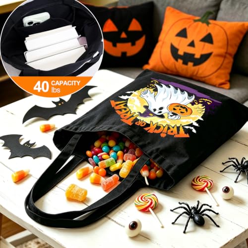 Canvas Tote Bag with Zipper for Women, Halloween Trick or Treat Bags Bulk | 13.8" x 15.3" Fashionable Two-Tone Cotton Tote Bag for Crafts, DIY Your Creative Designs - color: [A0] Halloween - Black