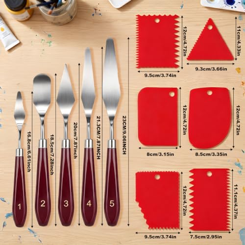 11Pcs Palette Knives Stainless Steel & Plastic Scrapers for Oil Acrylic Art | Stainless steel palette knives, plastic scrapers, 11-piece set flexible blades wood handle oil acrylic painting color mixing