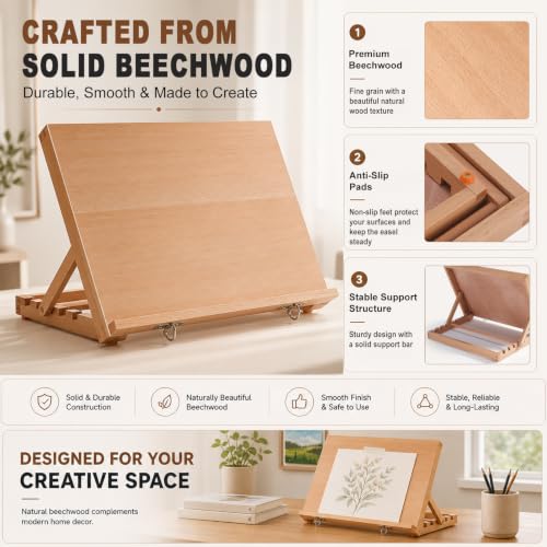 16.5"x12" Beechwood Tabletop Easel with Paint and Sketch Papers,Mask Tape | Portable Adjustable Art Easel with Detachable Strap, Drawing Board for Painting, Sketching and Diamond Art - style: A3