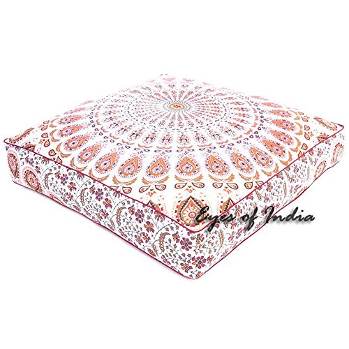 Mandala Floor Pillow Cover Meditation Cushion Seating Throw Hippie Round Colorful Decorative Bohemian Indian Pouf Ottoman Handmade Cover ONLY (Orange N1, 35" x 35") - color: Orange N1, size: 32" x 32" (Pack of 1)