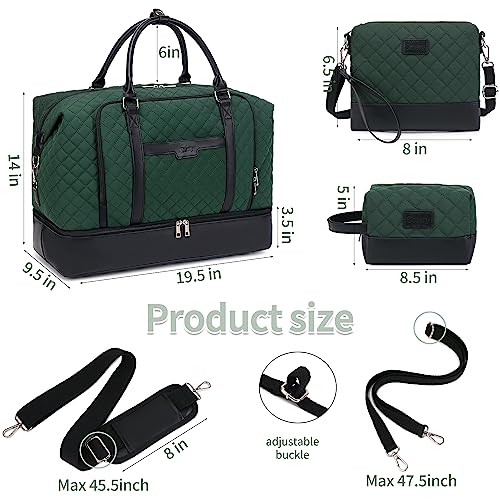 Weekender Bag, Large Travel Duffel Bag for Women, Carry on Overnight Bag with Shoe Compartment and Toiletry Bags - color: B-Dark-Green