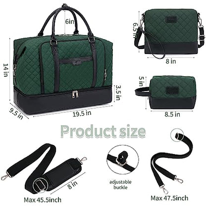 Weekender Bag, Large Travel Duffel Bag for Women, Carry on Overnight Bag with Shoe Compartment and Toiletry Bags - color: B-Dark-Green