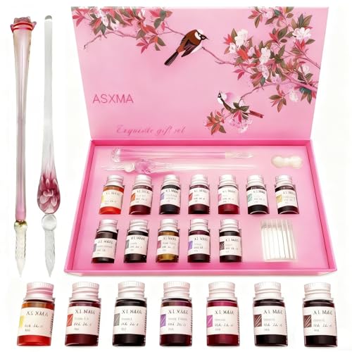 Calligraphy Dip Pen Set - 12 Colorful Inks, 2 glass pens Pen Holder, Glass, Crystal Pen for Art Writing, Drawing, Signatures, Decoration,Holiday Gift Set Calligraphy Beginners - color: Pink