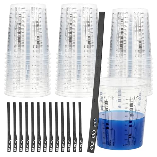 30 Pack 19oz 570ml Clear Plastic Paint Mixing Cups with 30 Stir Sticks - Disposable Graduated Measuring Cups for Paint, Resin & Epoxy with ML Scale & 3-Column Ratios (1:1-7:1) for DIY Crafts - size: 19oz / 570ml